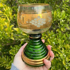 MAPSA Green Gold Glass Wine Goblet Music Box Swiss Plays So Ein Tag Etched Grape